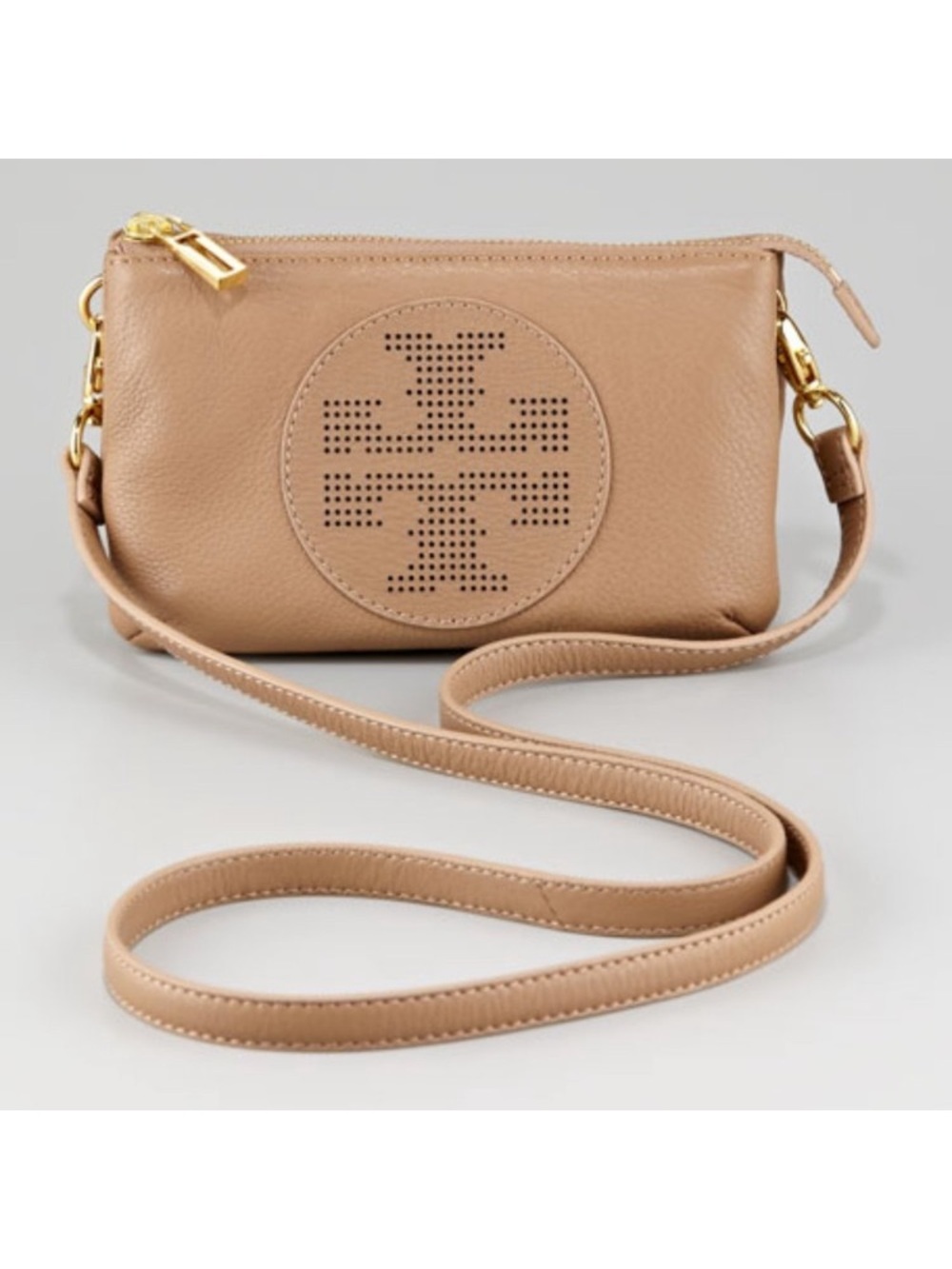Tory Burch Perforated Logo Leather Crossbody - Tan